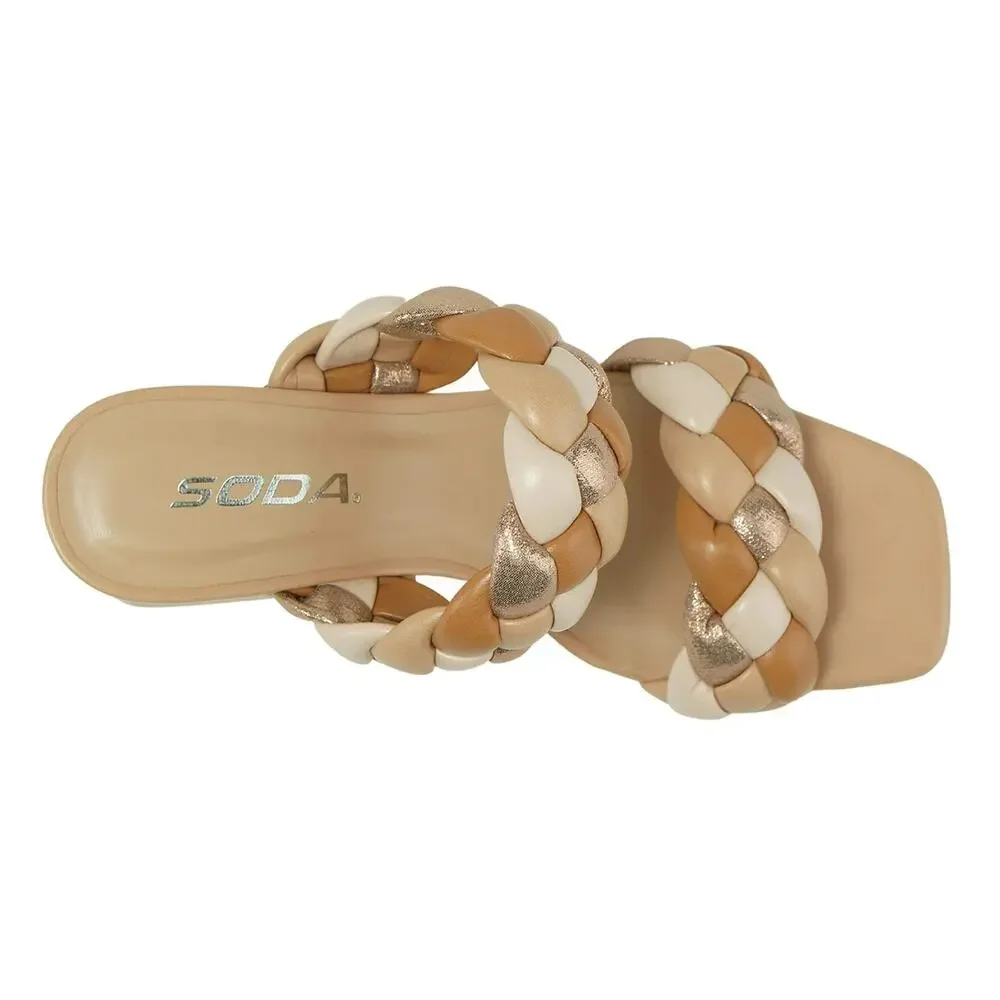 Women’s Block Heel Slide Sandals Nude Multi Braided Straps Soda Buggy-S Size 6